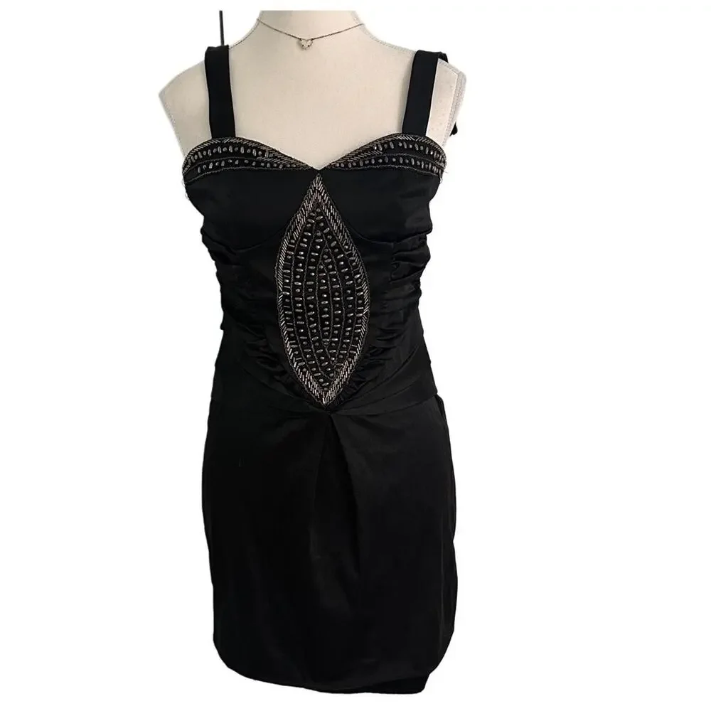 Nikibiki Size Small Vintage Black Sequin Beaded Bodice Mini Dress Ruched Detail